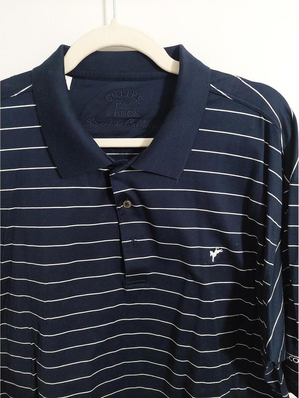 Cutter & Buck Men's Navy Blue Striped Polo Shirt